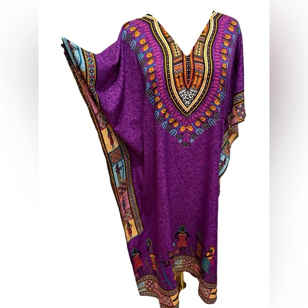 80s 2PCs KAFTANS 1 PURPLE WHIMSICAL DASHIKI EGYPTIAN 1 GREEN PAISLEY PRINT M - Picture 2 of 8